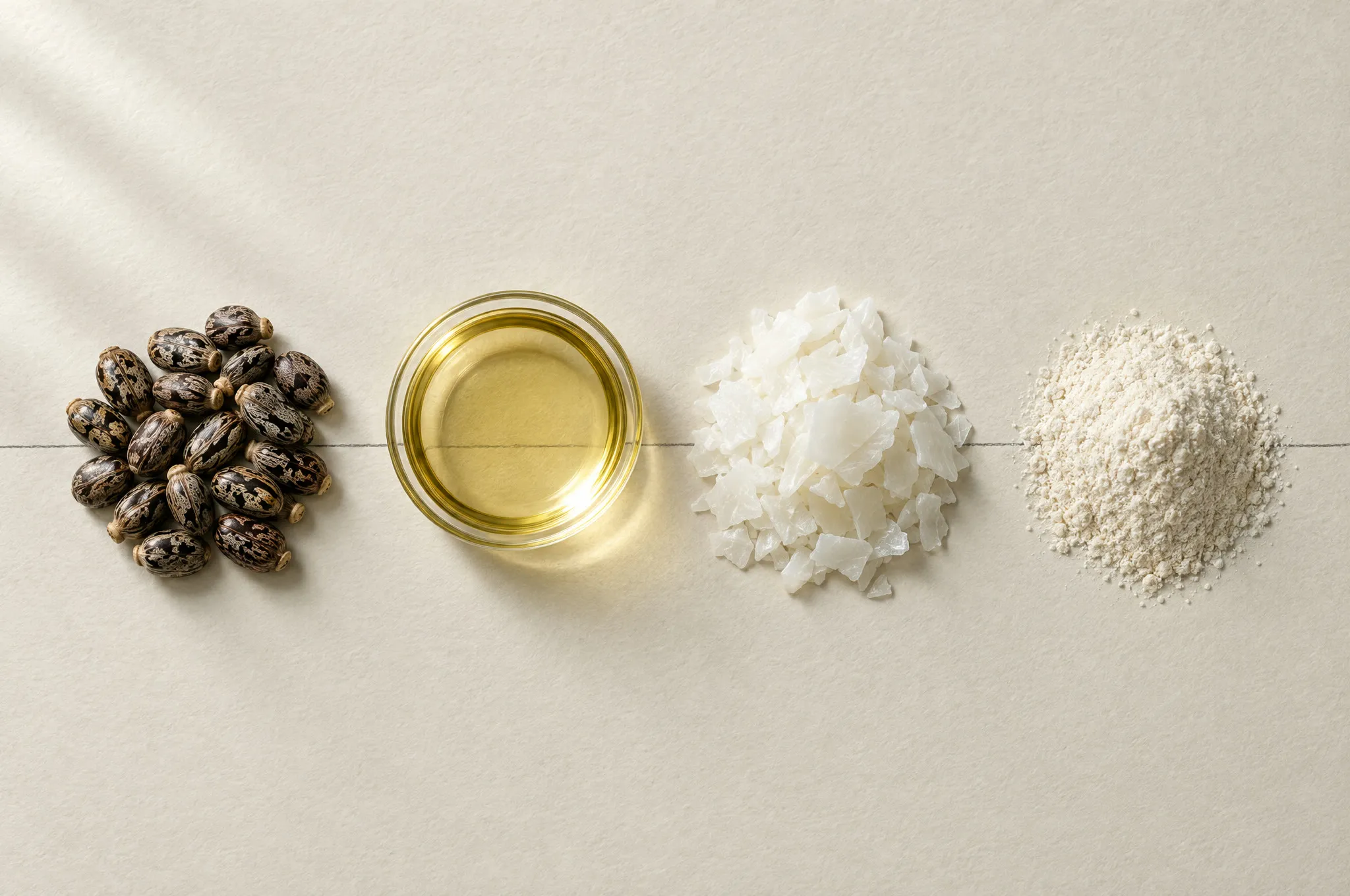 Castor beans, castor oil, hydrogenated castor oil flakes and guar gum on paper